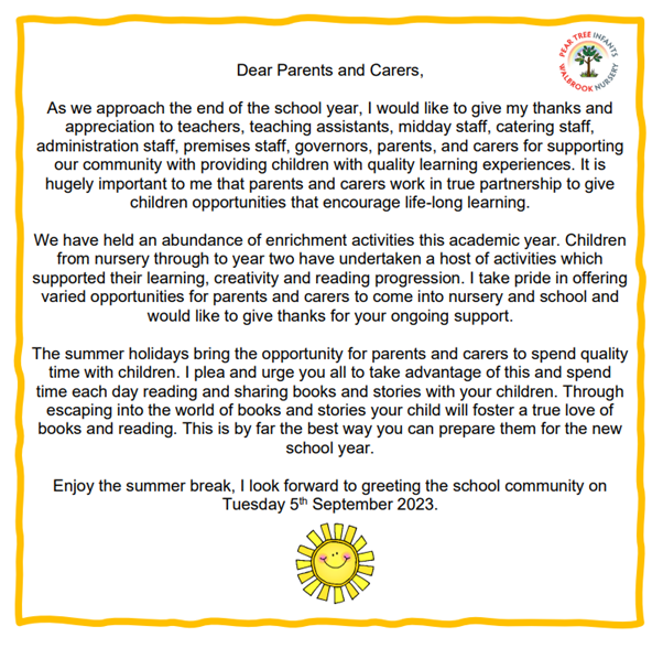 A message from Mrs. B Suddhi, Head Teacher of Pear Tree Infant and Walbrook Nursery School.