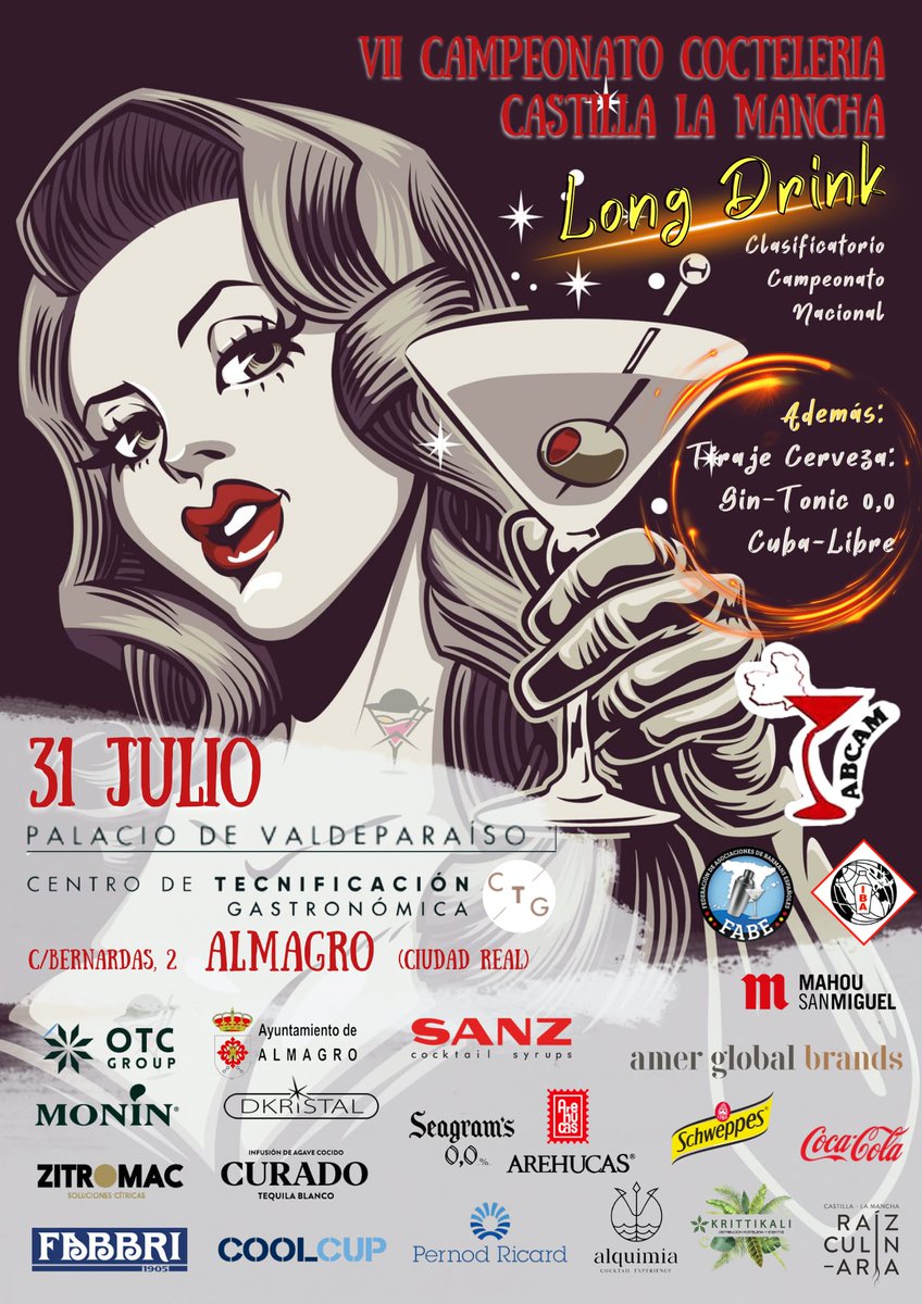 barmansclm's tweet photo. ‼️ NOTICIAS ‼️ 

📣 Os presentamos nuestro cartel oficial del VI Campeonato Cocteleria Castilla La Mancha, clasificatorio para el Campeonato Nacional. 

📌 Palacio de Valdeparaiso | Centro de Tecnificación Gastronómica CTG | 

⭕ Bernardas, 2 | Almagro | Ciudad Real https://t.co/NzvozY8n2X