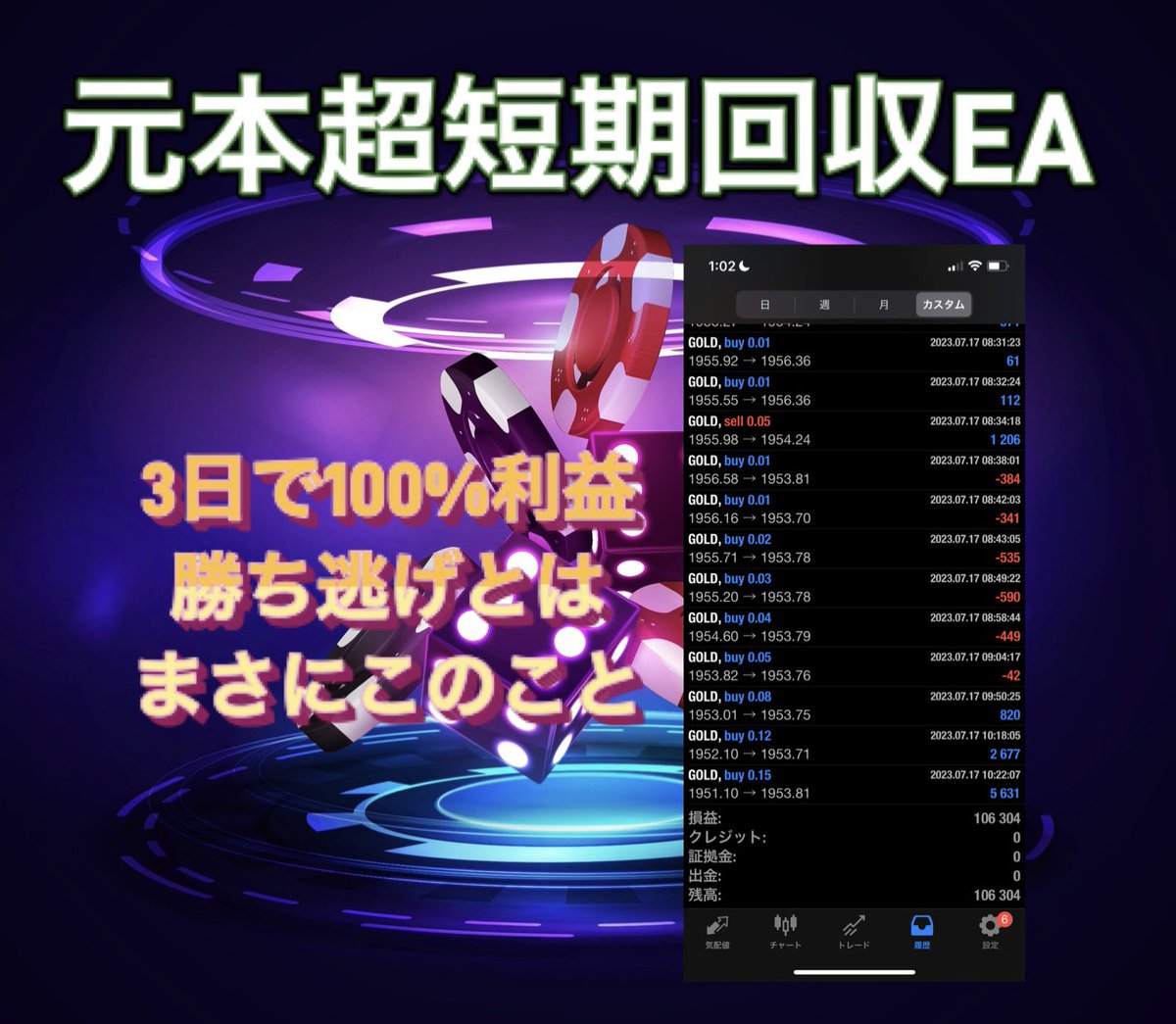 新作ゴールドEA　
🎲丁半(ちょうはん)🎲
🎇月利400%超爆益EA🎇

直近のペースを維持すると月利400%
XMボーナスで5万円からスタートできるので、元手5万円として計算すると月利800%期待できます♪

今月末までXMボーナス期間中！
今がチャンスです！

気になる方はプロフィールから オプチャへGO！！