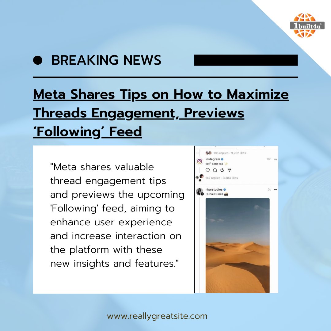 1built4udotcom's tweet photo. News Update 📰🔔

#1built4udotcom
#1built4u
#MetaNews #ThreadEngagement #FollowingFeed #SocialMediaTips #UserExperience #EngagementTips #SocialMediaPlatform #DigitalMarketing #TechNews https://t.co/9uIe4suUmm