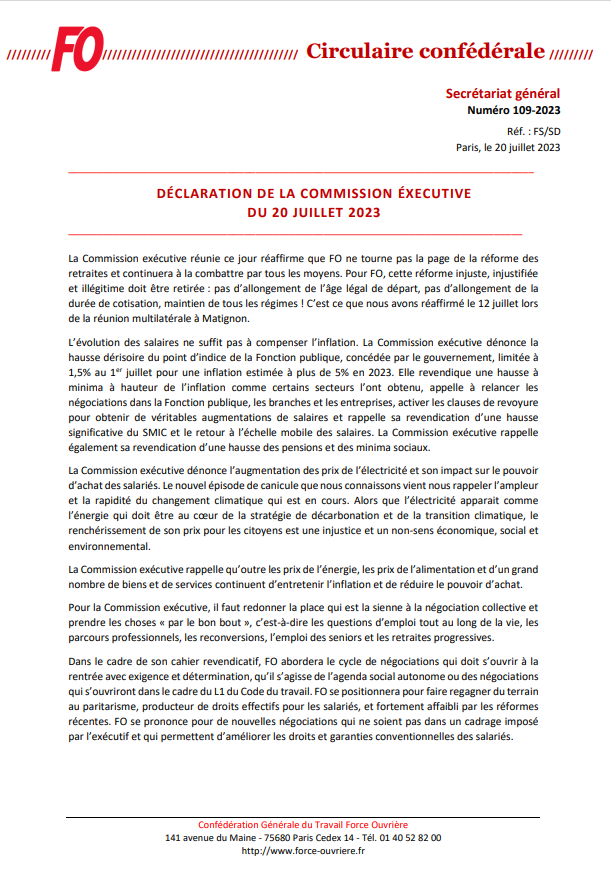 force_ouvriere's tweet photo. Déclarat° de la Commission Exécutive du 20 juillet.

"La CE dénonce l'augmentat° des prix de l’#électricité et son impact sur le #pouvoirdachat des salariés. Le renchérissement de son prix pr les citoyens est une injustice et un non-sens économique, social &amp; environnemental". ⬇️ https://t.co/dgVYfoRsXp