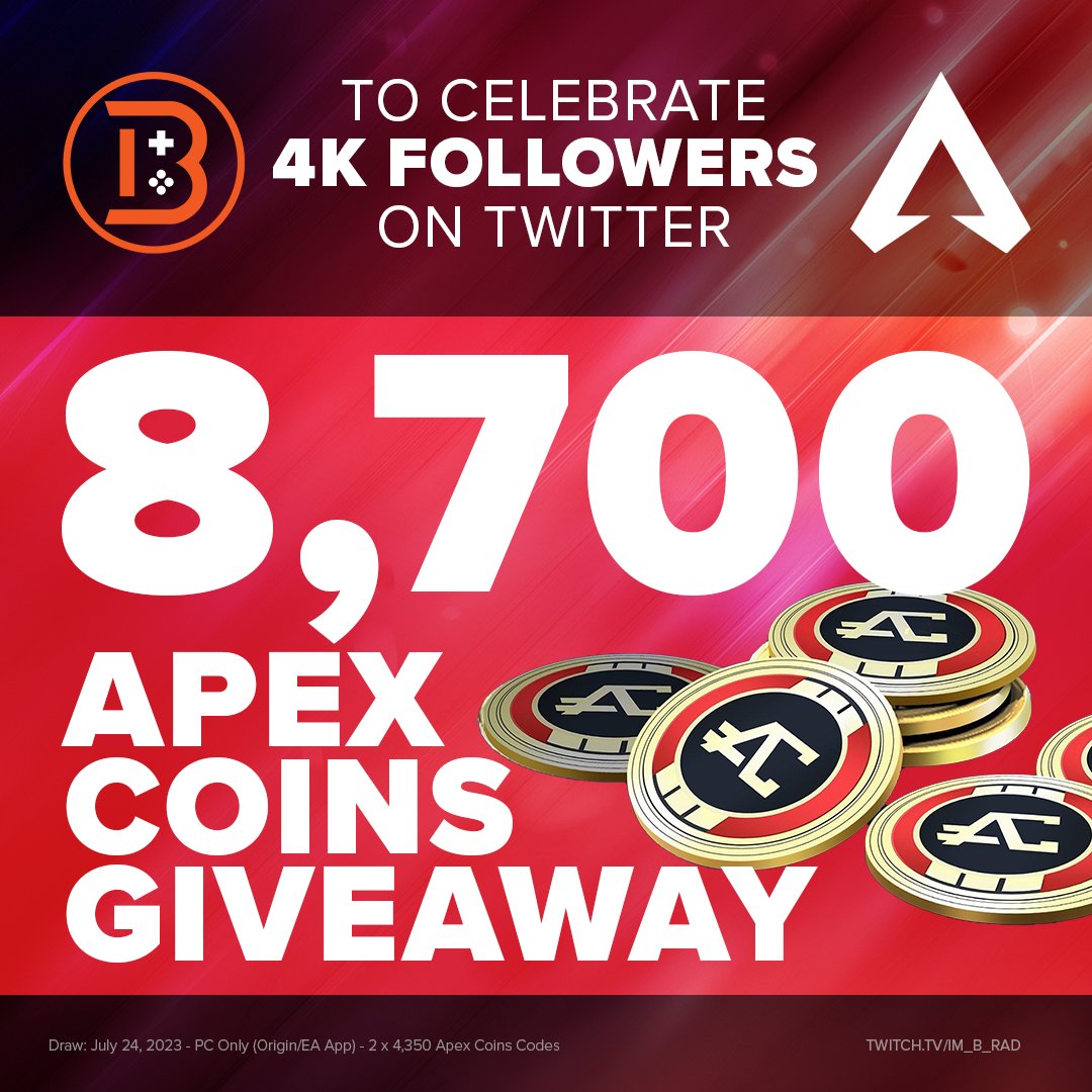 im_b_rad_ttv's tweet photo. 🪙🎁 APEX COIN GIVEAWAY 🪙🎁

To celebrate hitting 4k followers on Twitter I'm gonna give 2 lucky people some coins!

2 x 4350 COINS (Origin/EA App) UP FOR GRABS, here's how to enter:

❤️ Like this tweet
♻️ Retweet this tweet 
💬 Comment your favourite APAC-S gamer

Good luck! https://t.co/5gVEqVncum