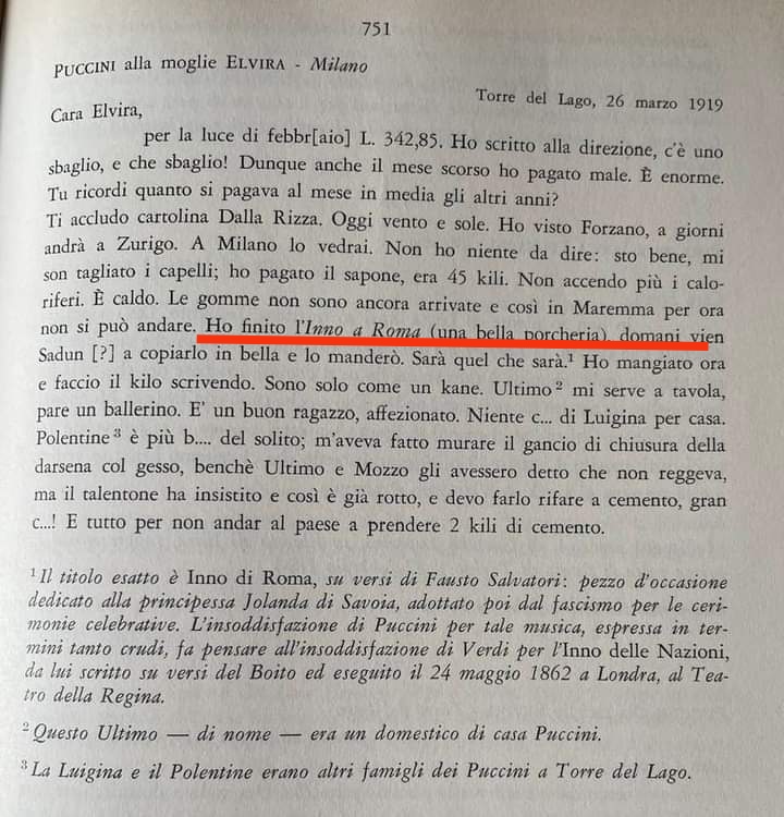 Ancora a proposito dell'Inno a Roma di Puccini. Qui il giudizio del maestro sul suo lavoro in una lettera alla moglie Elvira.
Direttori d'orchestra, vi prego, non lo riesumate. Non fareste un favore al maestro e al pubblico. 
#BuongiornoATutti #21luglio