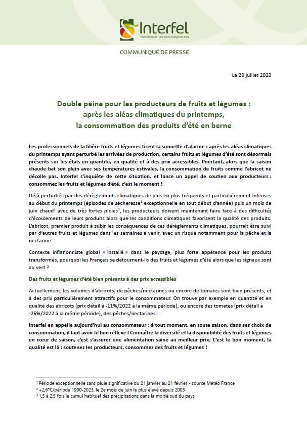 [Communiqué de presse <a href="/Interfel/">Interfel</a>]
➡️Double peine pour les producteurs de #fruits et légumes : après les aléas #climatiques du printemps,
la #consommation des produits d’été en berne