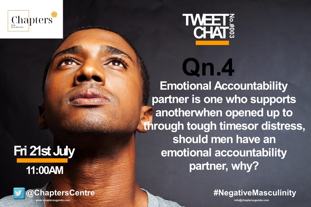 ChaptersCentre's tweet photo. Qn.4 Emotional accountability partner is one who supports another when opened up to through tough times or distress, should men have an emotional accountability partner, why? #NegativeMasculinity
@AlexOwiny2 @AlphatMuyinga @BDiana1st 
@OmondiMatilda @Ollie_KD @Meyarmoses https://t.co/SuEFIwlncK