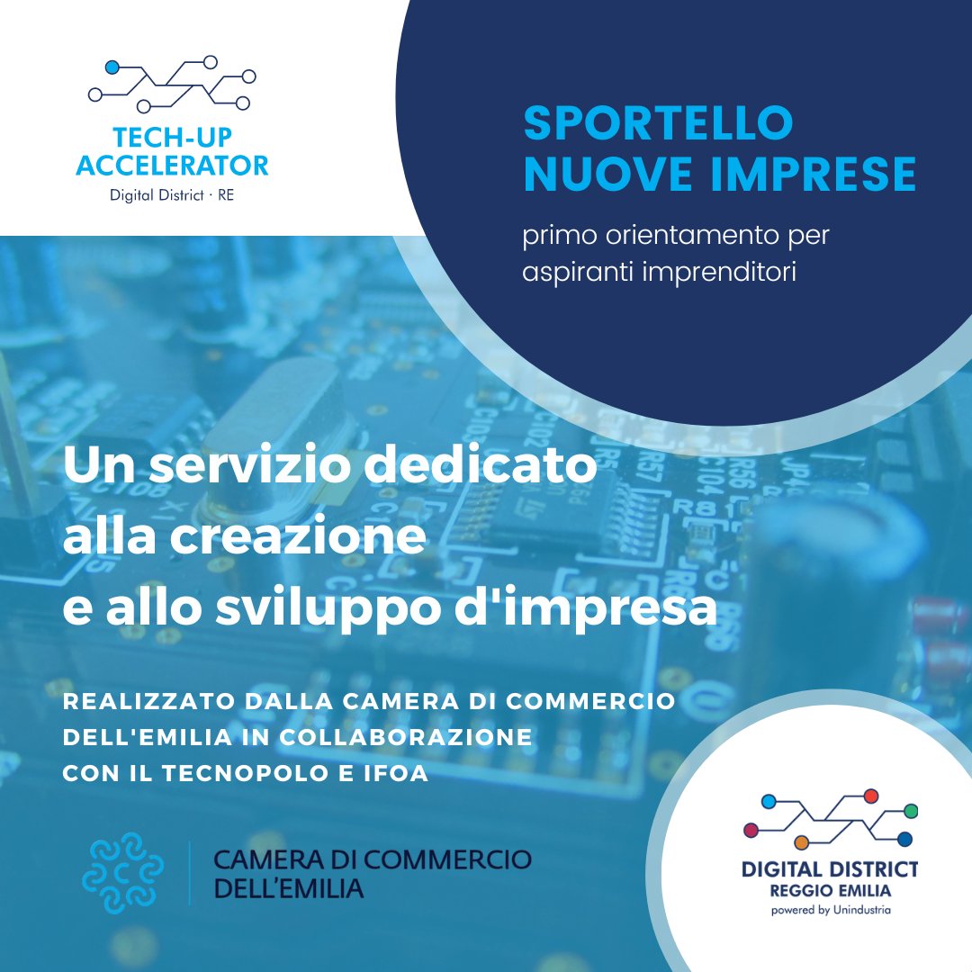 #TechUpAccelerator partecipa allo Sportello Nuove Imprese, il servizio di <a href="/CamComEmilia/">Camera di Commercio dell'Emilia</a>, <a href="/Rei_innova/">Tecnopolo Reggio Emilia</a> 
e <a href="/ifoasapereutile/">IFOA</a> che fornisce informazioni di primo orientamento agli aspiranti imprenditori. 
Prossimo appuntamento 25 luglio!