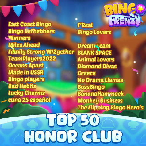FrenzyBingo's tweet photo. Congratulations to the Top 50 Honor Club of last week! 👑
Your excellent teamwork and all clubs and players are truly appreciated! 👑

🎁Get the freebie and enjoy the game:
https://t.co/LUoo5r9ZeH
#bingofrenzy #bingo https://t.co/kfVxV5h8A3