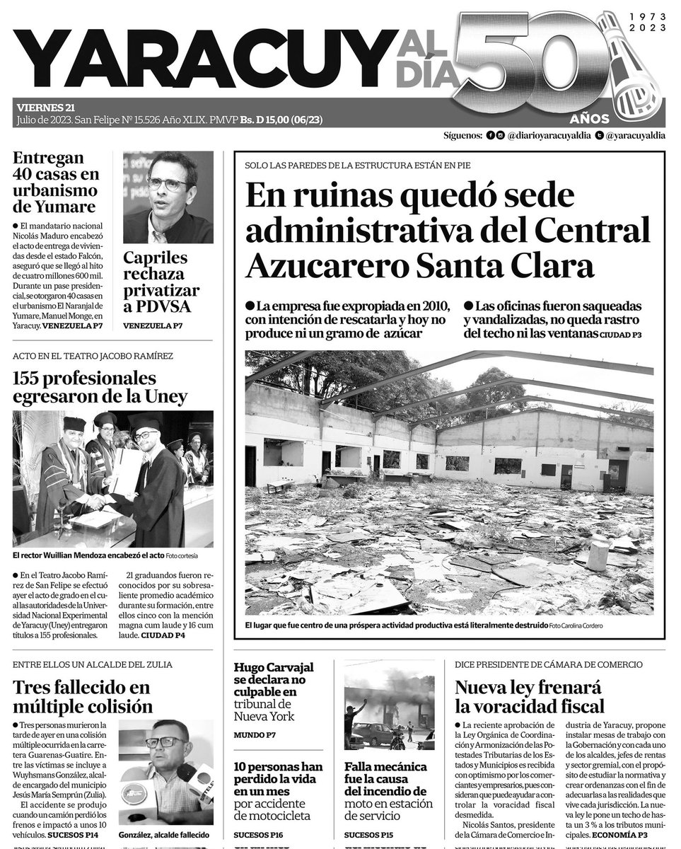yaracuyaldia's tweet photo. 🗣️ ¡Feliz y bendecido día para todos! 

Les ofrecemos nuestra #PrimeraPágina correspondiente a este #21Jul 🗞️💙🤍❤️

#Yaracuy #SanFelipe #Independencia #Cocorote #Nirgua #Aroa #Venezuela #Peña #Boraure #Yumare #NoticiasYAD #informacion #News #Noticias #periódicos https://t.co/oJVnqS2Ovb