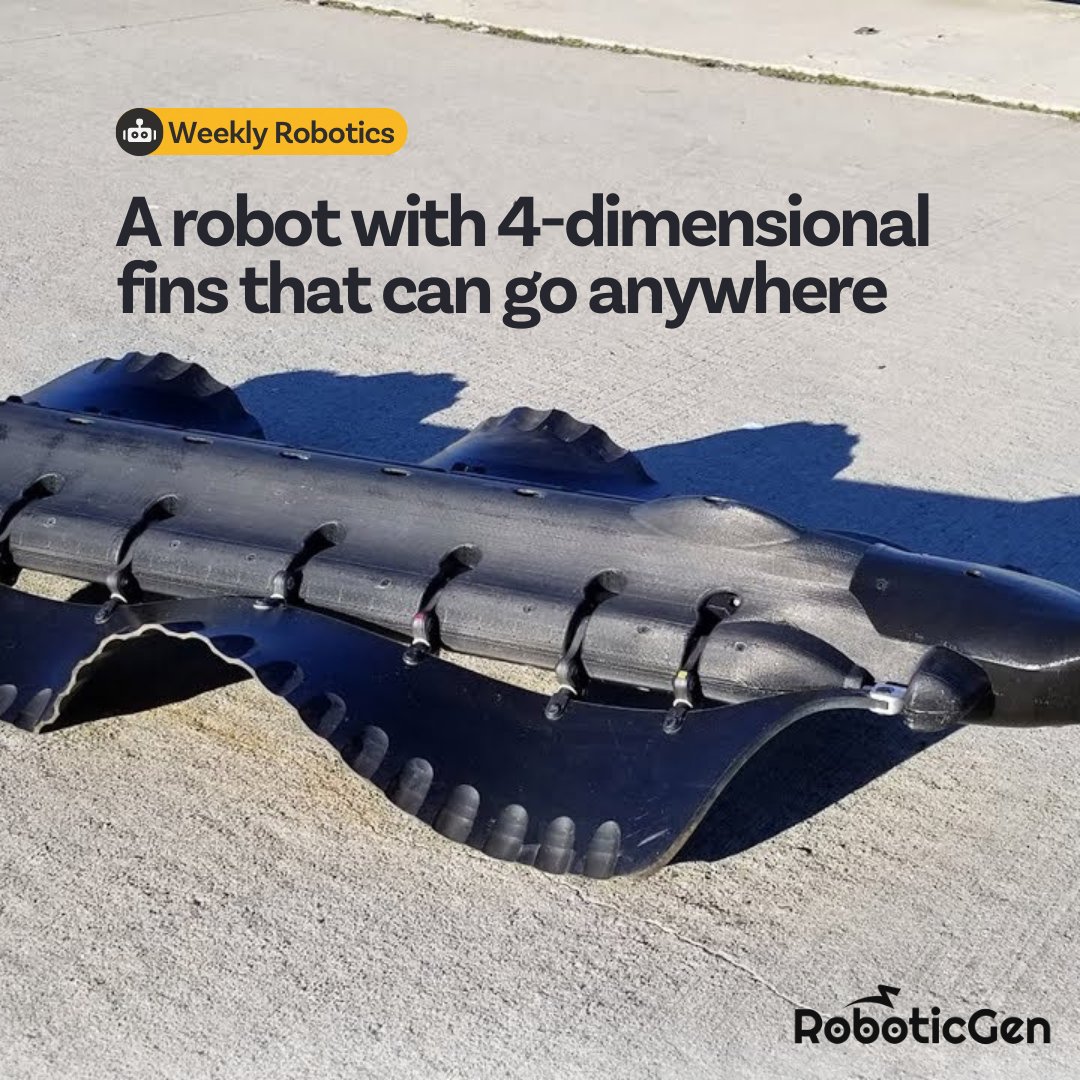 RoboticGen's tweet photo. Meet Velox, the groundbreaking robot by Pliant Energy Systems! Combining land and water locomotion, it's equipped with 4D fins for crawling, jetting, swimming, and sliding. Velox is the future of robotics!
#Robotics #WeeklyRobotics #RoboticGen #RoboticsNews https://t.co/x7R1jhYWYD