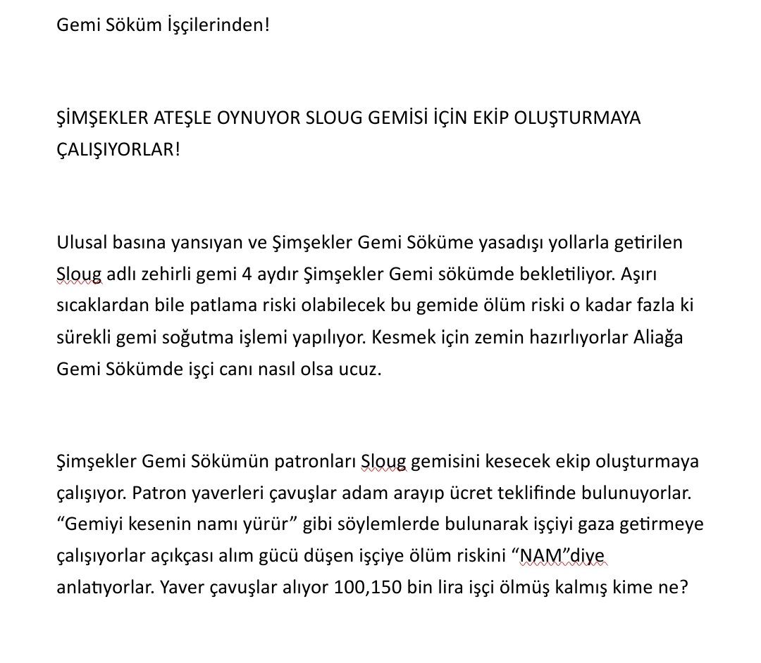PolenEkoloji's tweet photo. #Sloug ile ilgili gemi işçilerinden açıklama:
Yasadışı yollarla getirilen Sloug adlı zehirli gemi 4 aydır Şimşekler Gemi sökümde bekletiliyor. Aşırı sıcaklardan bile patlama riski olabilecek bu gemide ölüm riski o kadar fazla ki sürekli gemi soğutma işlemi yapılıyor.
#Aliağa https://t.co/R7VgF2uFeN