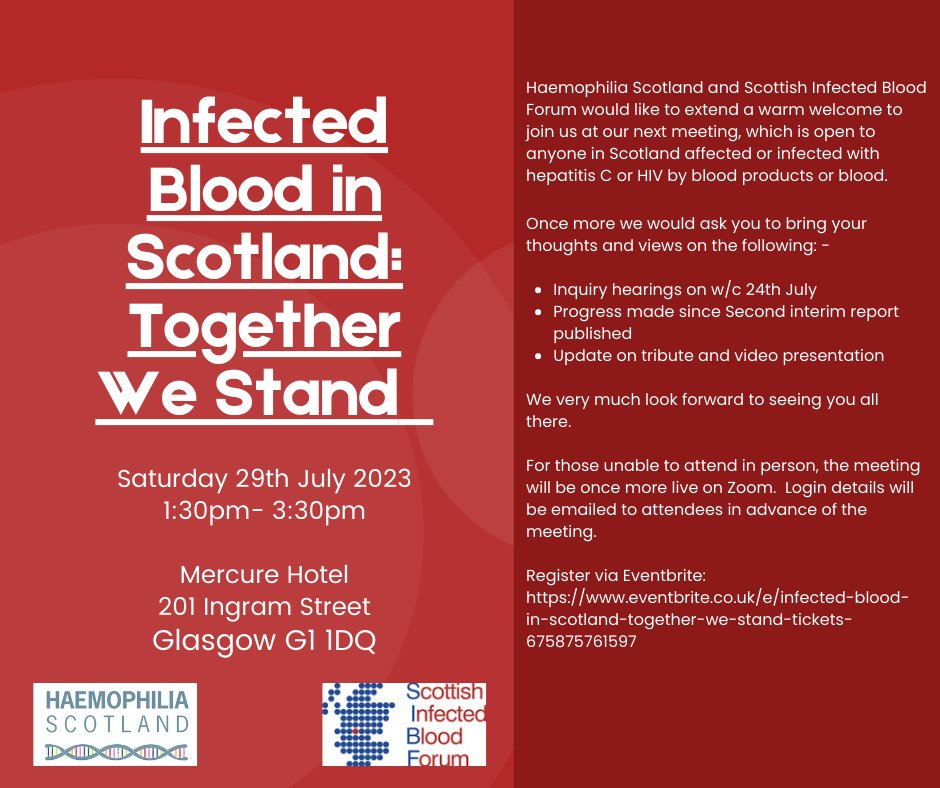 Haemophilia Scotland and the Scottish Infected Blood Forum would like to extend a warm welcome to join us at our next meeting:

Find out more and register via our website:
haemophilia.scot/infected-blood…