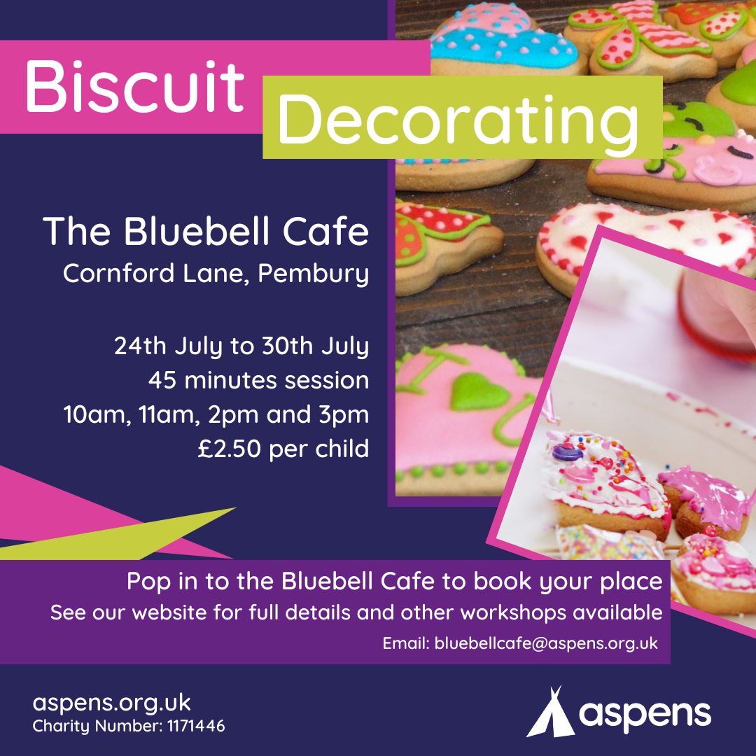 Looking for something fun to do during the first week of the summer holidays?!🌞

Book a session of biscuit decorating at the Bluebell Cafe, Pembury! 🌸🍪

Pop in to the Cafe to book your place or email enquiries@aspens.org.uk

Find out more here:
aspens.org.uk/Pages/Events/