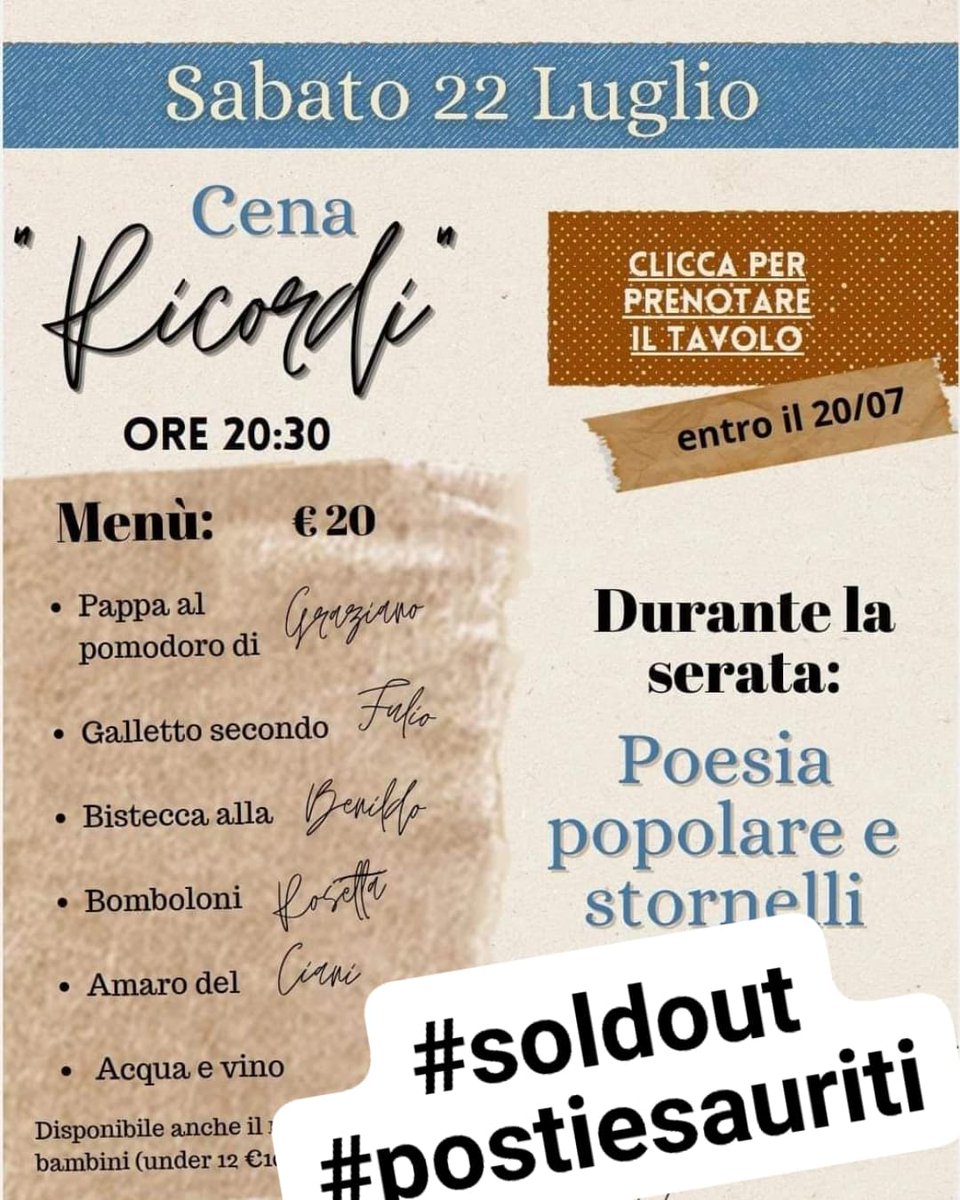 I POSTI PER LA CENA SONO ESAURITI ✖️🔝🤩
I PASTI PER STARE IN COMPAGNIA CE NE SONO ANCORA 😉TI ASPETTIAMO 🤩🔝🌬️
#postiesauriti #soldout #prolocofognano  #estatealmonumento #fresco #legamispeciali #fognano #personespeciali #serataricordi #luglio #montale #buoncibo
