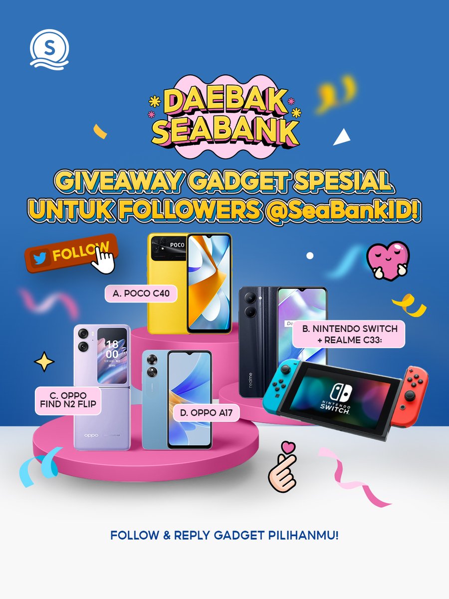 🫶KESEMPATAN TERAKHIR MEMENANGKAN GADGET SPESIAL🫶

Yuk cek dan ikuti S&amp;K berikut:
1. FOLLOW TWITTER <a href="/SeaBankID/">SeaBank Indonesia</a>
2. RT &amp; REPLY HADIAH YANG KAMU MAU!
3. TAG TEMAN KAMU!

화이팅 Sobat SeaBank!
#Giveaway #SeaBankID