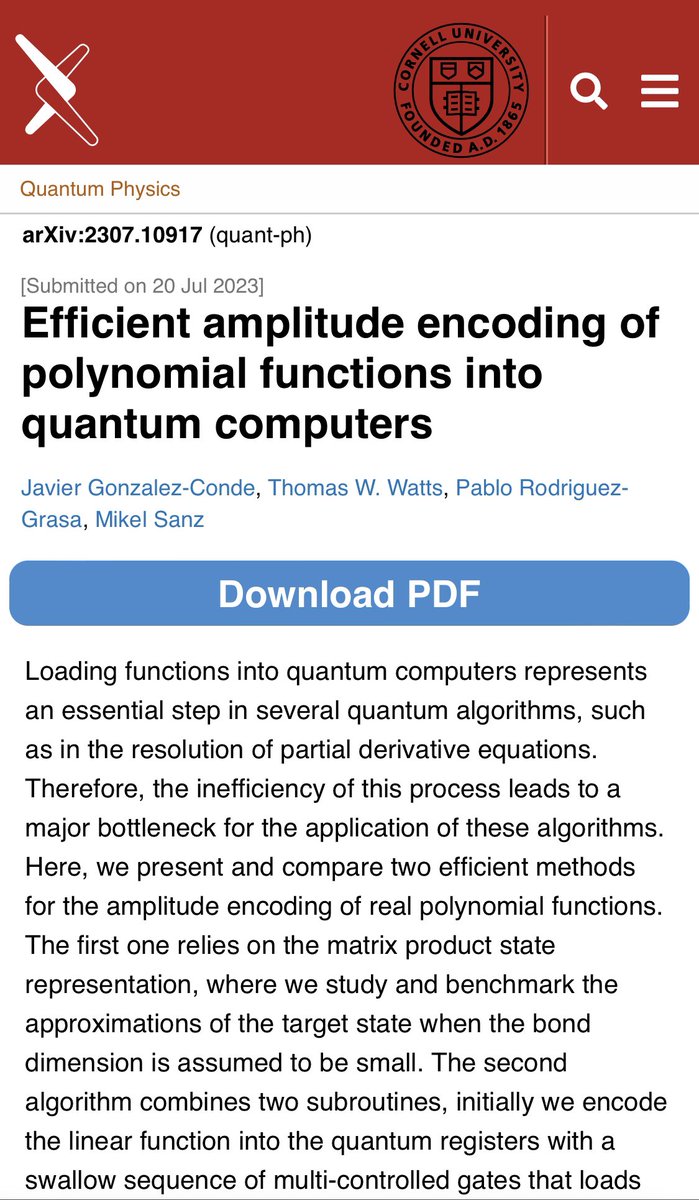 🚨New preprint with several methods encoding polynomials in quantum amplitudes arxiv.org/pdf/2307.10917… Many thanks to <a href="/Conzavin/">Javier González Conde</a> <a href="/pablones8/">Pablo Rodríguez Grasa</a> and Thomas W. Watts from <a href="/Cornell/">Cornell University</a> for this collab. <a href="/OpenSuperQPlus/">OpenSuperQPlus</a> <a href="/NquireC/">NQUIRE Center</a> @ehuscientia <a href="/BCAMBilbao/">BCAM</a> <a href="/tecnalia/">TECNALIA</a>