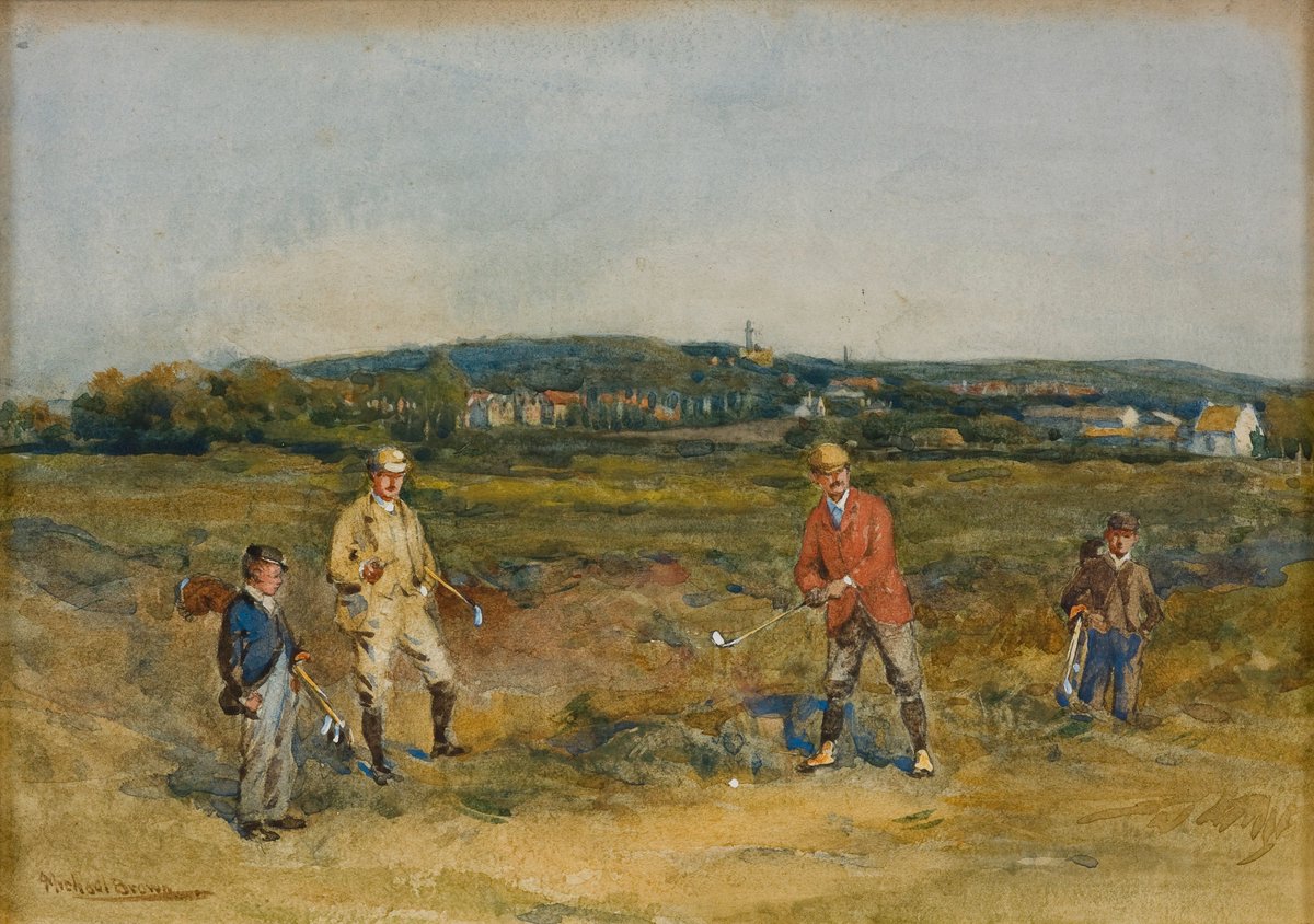 WorldGolfMuseum's tweet photo. For our #FridayArtwork we take to the #Hoylake Links for this scene by James Michael Brown, c.1900.
The gentleman in the red jacket is lining up his shot while his friend, holding his pipe, watches on.
Do you know the name of the town in the background?
#theopen #golfingart https://t.co/gHOlLeSpA4