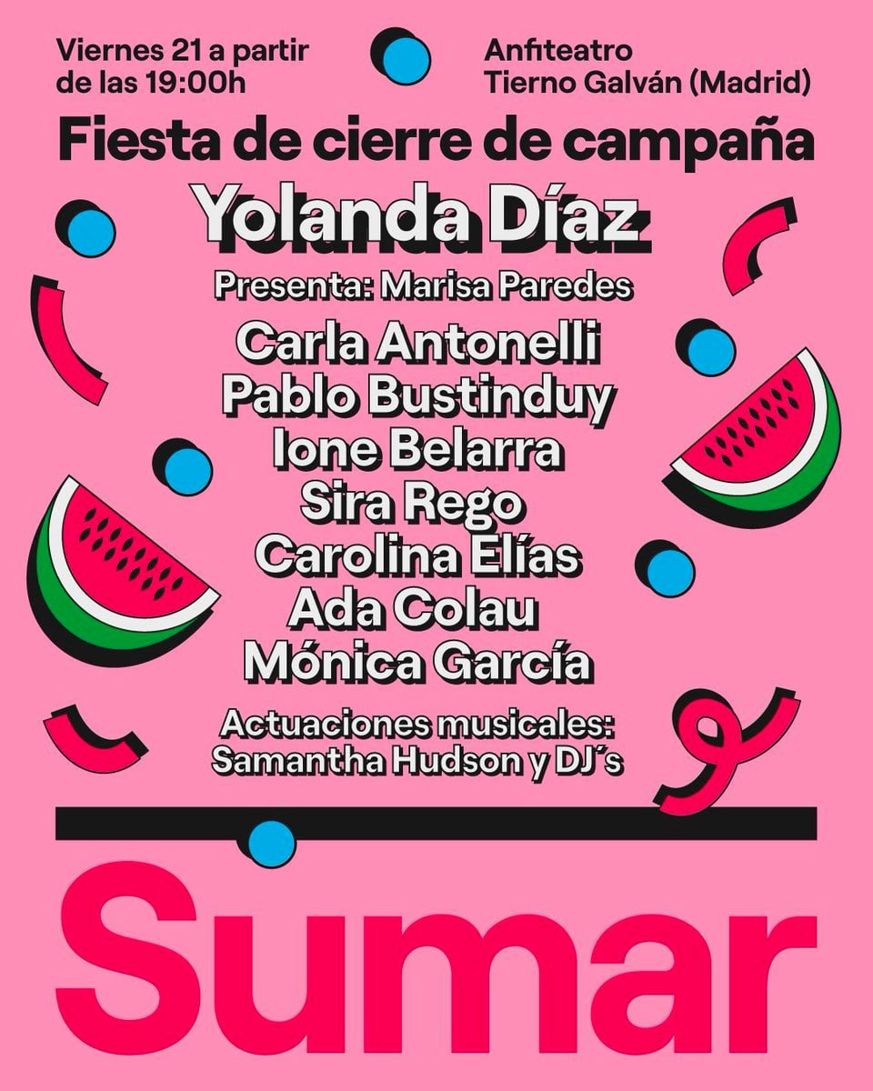 ¡Hoy es el día! 

Desde las 19h puedes venir al Auditorio del Parque Tierno Galván de #Madrid para vivir con nosotras el final de campaña

Con @yolanda_diaz_, Ada Colau, <a href="/ionebelarra/">Ione Belarra</a>, <a href="/CarlaAntonelli/">Carla Antonelli / 🏳️‍⚧️☂️</a>, <a href="/pbustinduy/">Pablo Bustinduy</a>, <a href="/sirarego/">Sira Rego 🔻</a>, <a href="/Monica_Garcia_G/">Mónica García</a> , <a href="/Caro_Elias_sv/">Carolina Elías</a>, y @badbixsamantha