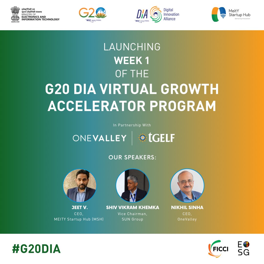 We are thrilled to announce the successful launch of Week 1 in the G20 Digital Innovation Alliance (G20-DIA) Virtual Growth Accelerator Program, in partnership with @MSH_MeitY and @theonevalley ! 🤝🚀

#G20DIA #DigitalInnovationAlliance #G20India #G20DEWG #AmritKaal #Techade