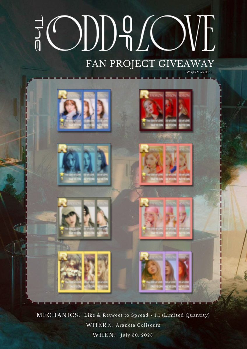 #TAEYEON CONCERT in MANILA Fan Project Giveaway by: @rmariebs Each pack will have two guaranteed R cards. Mechanics: • like & rt to spread • 1:1 (limited quantity) • open for trades & donations #TheODDOfLOVE_in_MANILA #TheODDOfLOVEinMANILA