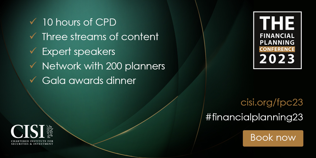 CISI's tweet photo. Book now! Our #financialplanning23  Conference is taking place this October. Expand your professional network, gain top-tier CPD and be inspired by some of the best professionals in the financial planning community.
To book your place, visit: https://t.co/CkH6p6b4nj https://t.co/p7v6fE3KY2