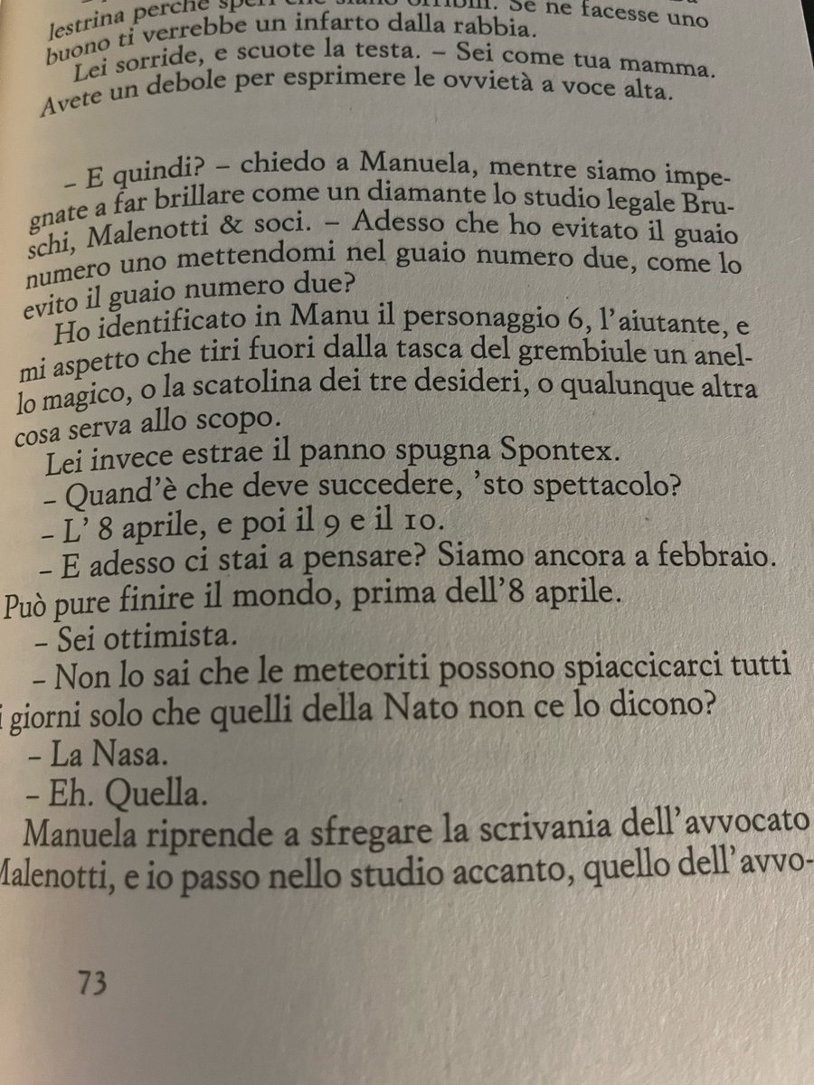 Ciciotta's tweet photo. "- Quand'è che deve succedere, 'sto spettacolo?
- L'8 aprile, e poi il 9 e il 10.
- E adesso ci stai a pensare? Siamo ancora a febbraio. Può pure finire il mondo prima dell'8 aprile.
- Sei ottimista."
#VentoDaEst #StefaniaBertola @Einaudieditore @diconodioggi https://t.co/ysDoWOwSFV