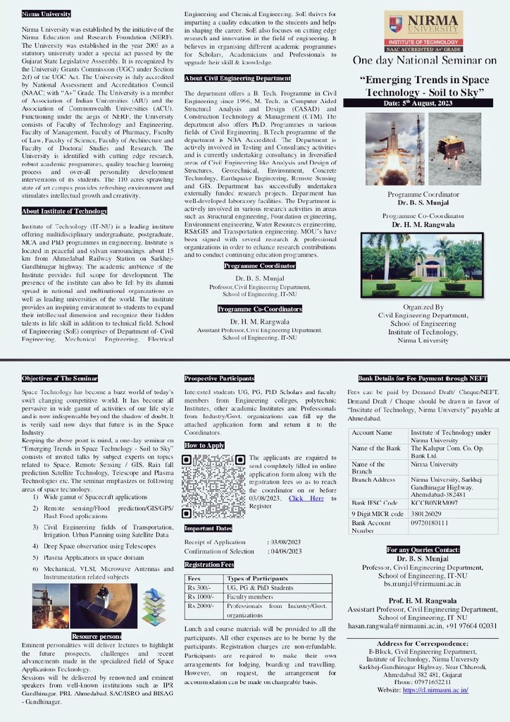 Dr. Somil Thakur (@somilthakurr) on Twitter photo National Seminar on “Emerging Trends in Space Technology - Soil to Sky” on 5th August 2023 by Department of Civil Engineering, Institute of Technology-Nirma University, Ahmedabad, Gujrat. #NirmaUniversity @Dr. B.S. Munjal @Dr. Hassan Rangwala <a href="/DrRajeshNPatel/">Institute of Technology-Nirma University</a> <a href="/NirmaUniTweets/">Nirma University</a> National Seminar on “Emerging Trends in Space Technology - Soil to Sky” on 5th August 2023 by Department of Civil Engineering, Institute of Technology-Nirma University, Ahmedabad, Gujrat. #NirmaUniversity @Dr. B.S. Munjal @Dr. Hassan Rangwala <a href="/DrRajeshNPatel/">Institute of Technology-Nirma University</a> <a href="/NirmaUniTweets/">Nirma University</a>
