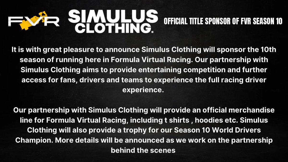 Formula Virtual Racing (@fvrofficial) on Twitter photo OFFICIAL : <a href="/SimulusClothing/">๐๐๐๐๐๐๐ ๐พ๐๐๐๐๐๐๐ ///</a> becomes the title sponsor of Formula Virtual Racing Season 10๐.
Read more about our latest partnership with Simulus Clothing below โฌ๏ธ #FVRacing OFFICIAL : <a href="/SimulusClothing/">๐๐๐๐๐๐๐ ๐พ๐๐๐๐๐๐๐ ///</a> becomes the title sponsor of Formula Virtual Racing Season 10๐.
Read more about our latest partnership with Simulus Clothing below โฌ๏ธ #FVRacing