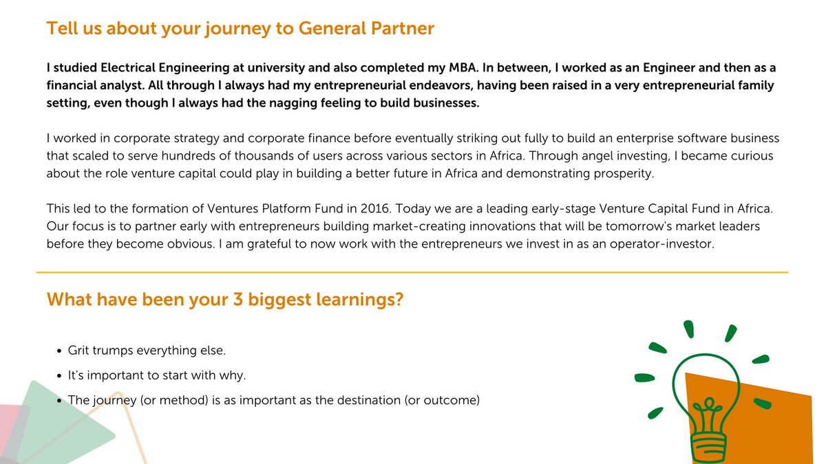 AVCA_Africa's tweet image. 📰 What does it take to build a leading #earlystage #VentureCapitalFund in Africa?

Kola Aina #GeneralPartner Ventures Platform Fund talks partnering with #entrepreneurs on market-creating innovations &amp;amp; the role #venturecapital plays in building a better future in #Africa.