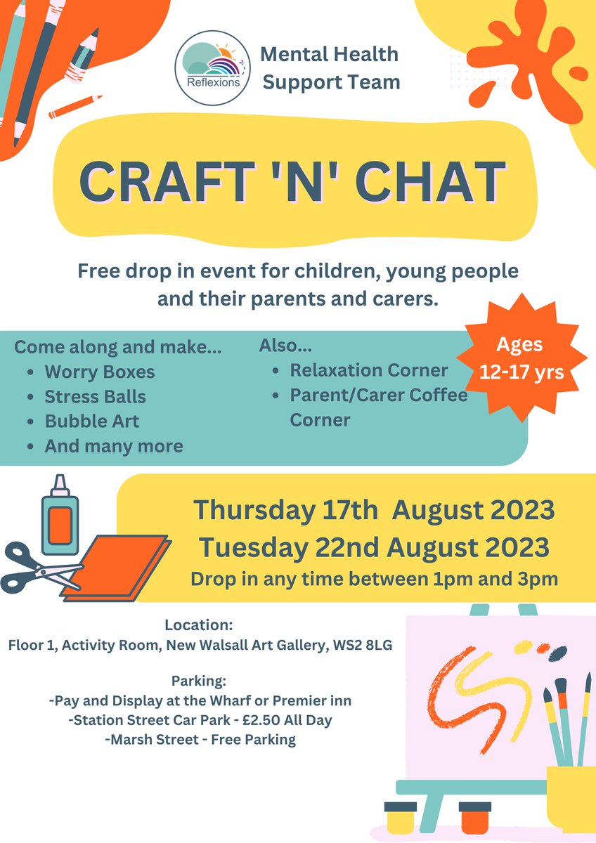 Calling young people in #Walsall!

Our Reflexions team are holding free drop-in craft sessions this summer. 🎨

Get creative and look after your wellbeing. 💚

Parents and carers are also welcome to join!

To sign up, email bchft.reflexions@nhs.net