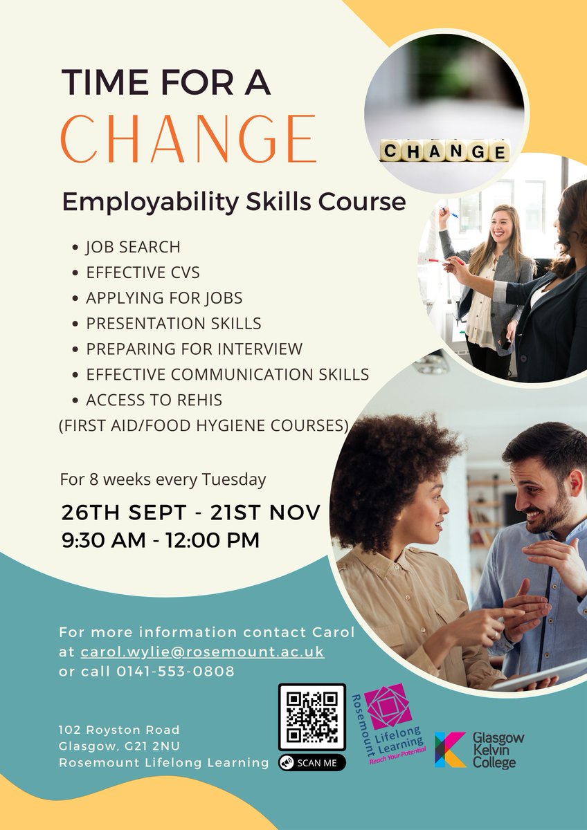 RosemountGLA's tweet photo. 📢UPCOMING COMMUNITY COURSES
Gain new skills with Rosemount Lifelong Learning🤓

For more information please get in touch:
📧carol.wylie@rosemount.ac.uk
☎️0141 553 0808
102 Royston Road, G21 2NU https://t.co/KztifQndSg