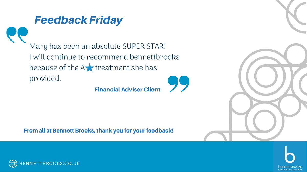 bennettbrooks's tweet photo. At bennettbrooks we take great pride in our teams dedication to excellence, and today we are delighted to share some A star feedback for Mary Tierney, our Tax Director.
#feedbackfriday #taxprofessionals #localaccountants #stafffeedback https://t.co/ylo0lyoczt
