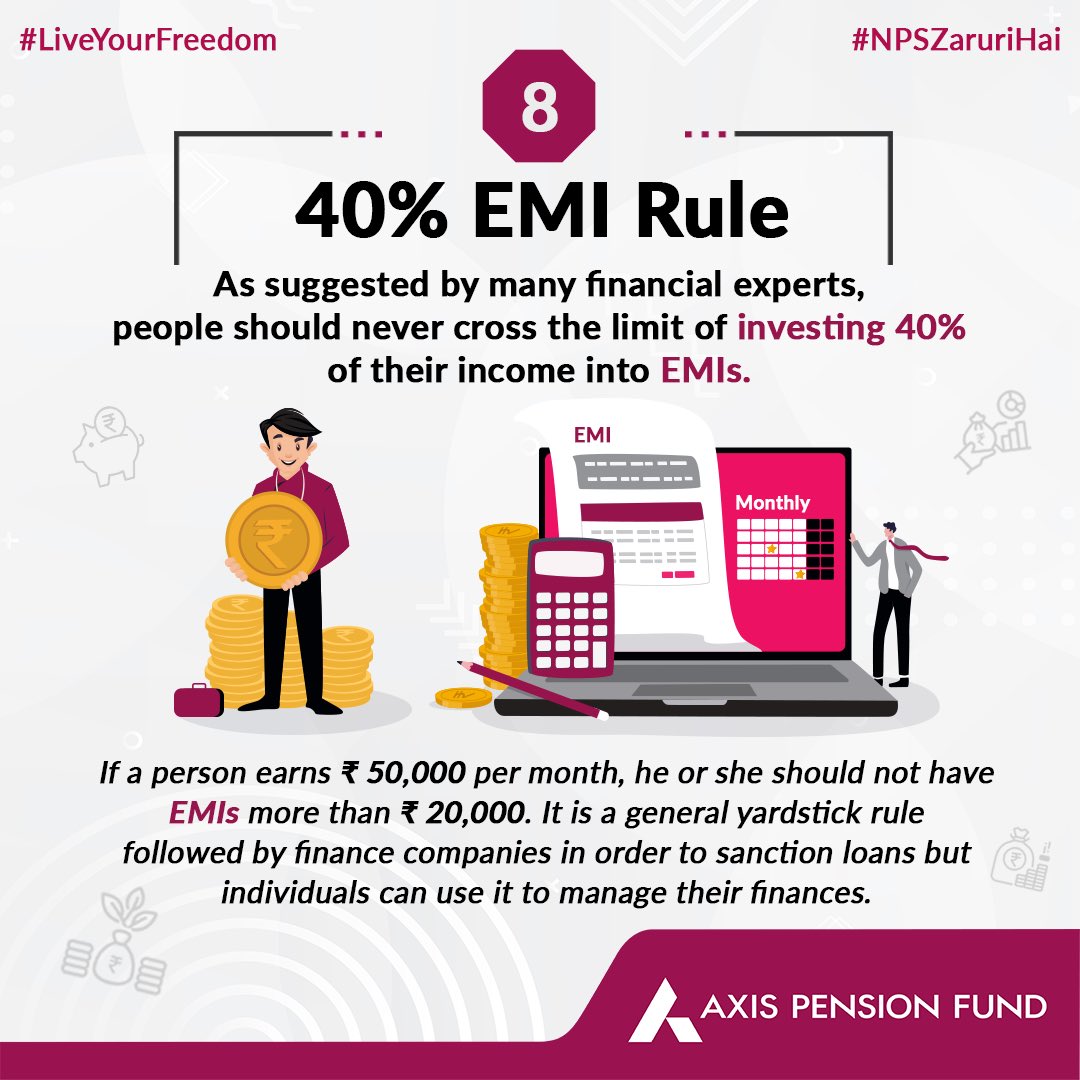 AxisPensionFund's tweet image. 💸🛡️ Shield your financial future with the 40% EMI Rule! 🚀💼 Never let EMIs exceed 40% of your monthly income (e.g., Rs.20,000 for a Rs.50,000 income). 🧠💪 Take control of your financial destiny and build a solid foundation for success! #FinancialWisdom #EMITips