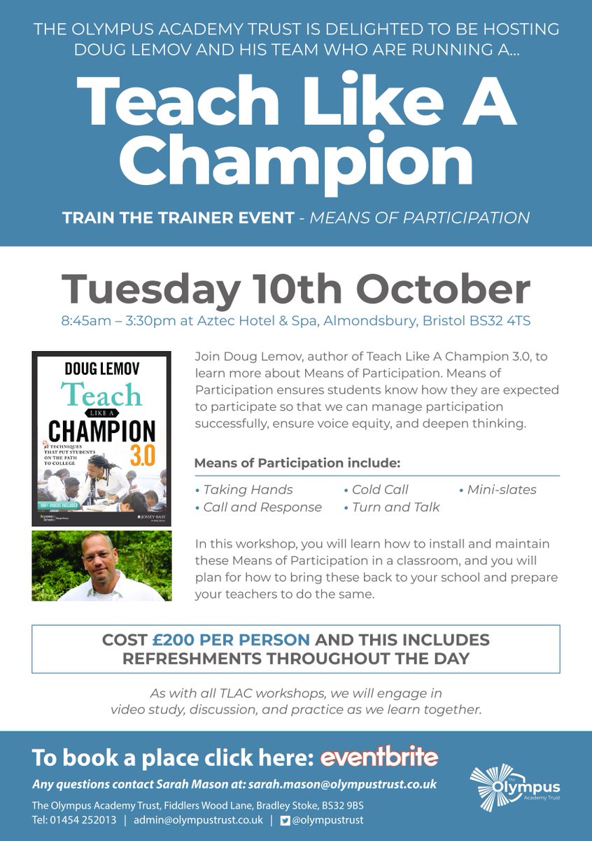 Very excited that <a href="/olympustrust/">Olympus Academy Trust</a> is hosting <a href="/Doug_Lemov/">Doug Lemov</a> for a  Teach Like A Champion, Train The Trainer Event in October. 

There are limited tickets available, click here to book: tinyurl.com/3z2ekn2v
