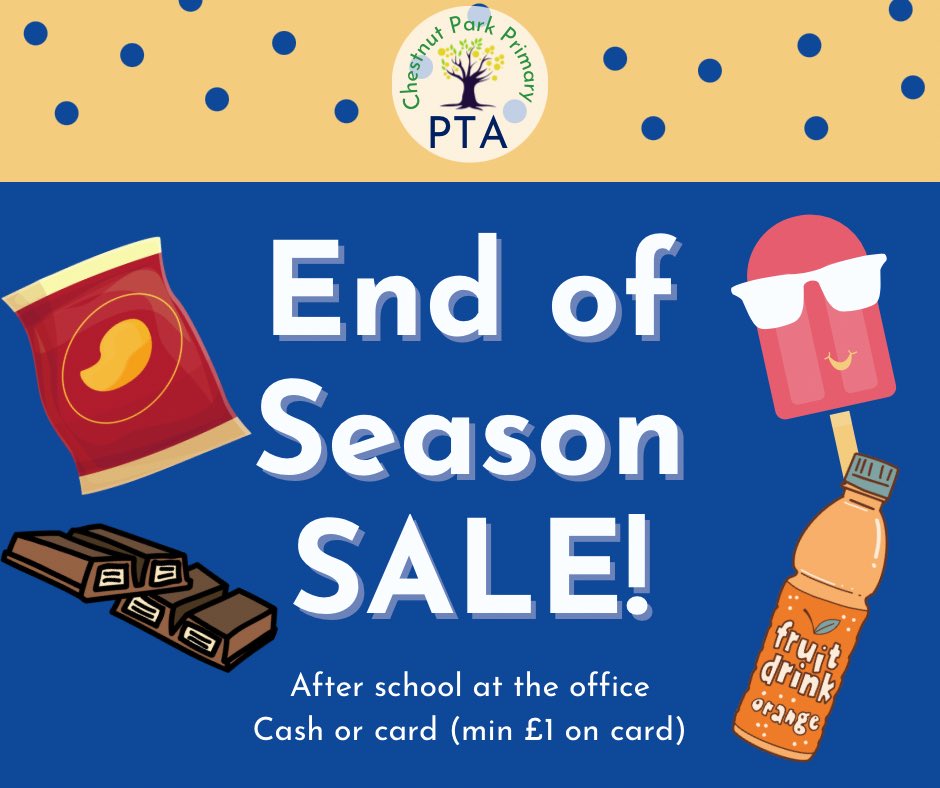 Happy last day of school! 

We’ll have an ice cream & tuck shop set up outside the office this afternoon for a little end of year treat. 
⭐️ Crisps
⭐️ Kitkats
⭐️ Rocket lollies and Ice Pops
⭐️ Fruit Shoots
… and more! 

#endofseasonsale #wedidastocktake #ptafundraising