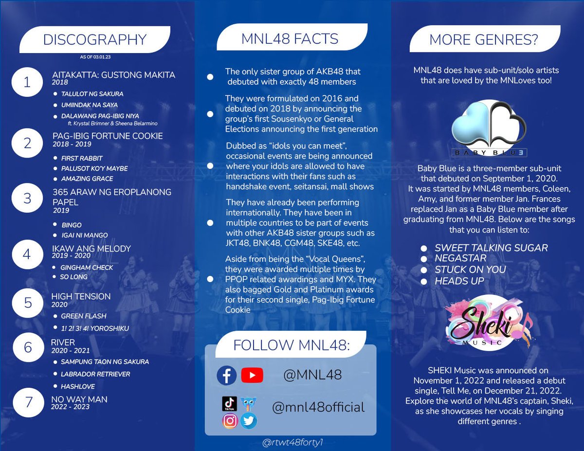 rtwt48forty1's tweet photo. [ PPOPCON MANILA 2023 MNLOVES BOOTH BROCHURE FREEBIE ]

Hello MNLoves, hello PPOP fans! Below is the brochure layout of the brochure freebie on MNLoves Booth at PPOPCON MANILA 2023. Feel free to learn more about MNL48 through its softcopy! 💙✨

#MNL48 ~ @mnl48official https://t.co/ExYIskpeMB