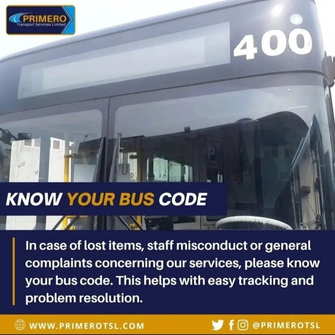 PrimeroTSL's tweet image. Know your bus code.

In case of lost items, staff misconduct or general complaints concerning our services, please know your bus code.
This helps with easy tracking and problem resolution. 

#buscode #primerotsl