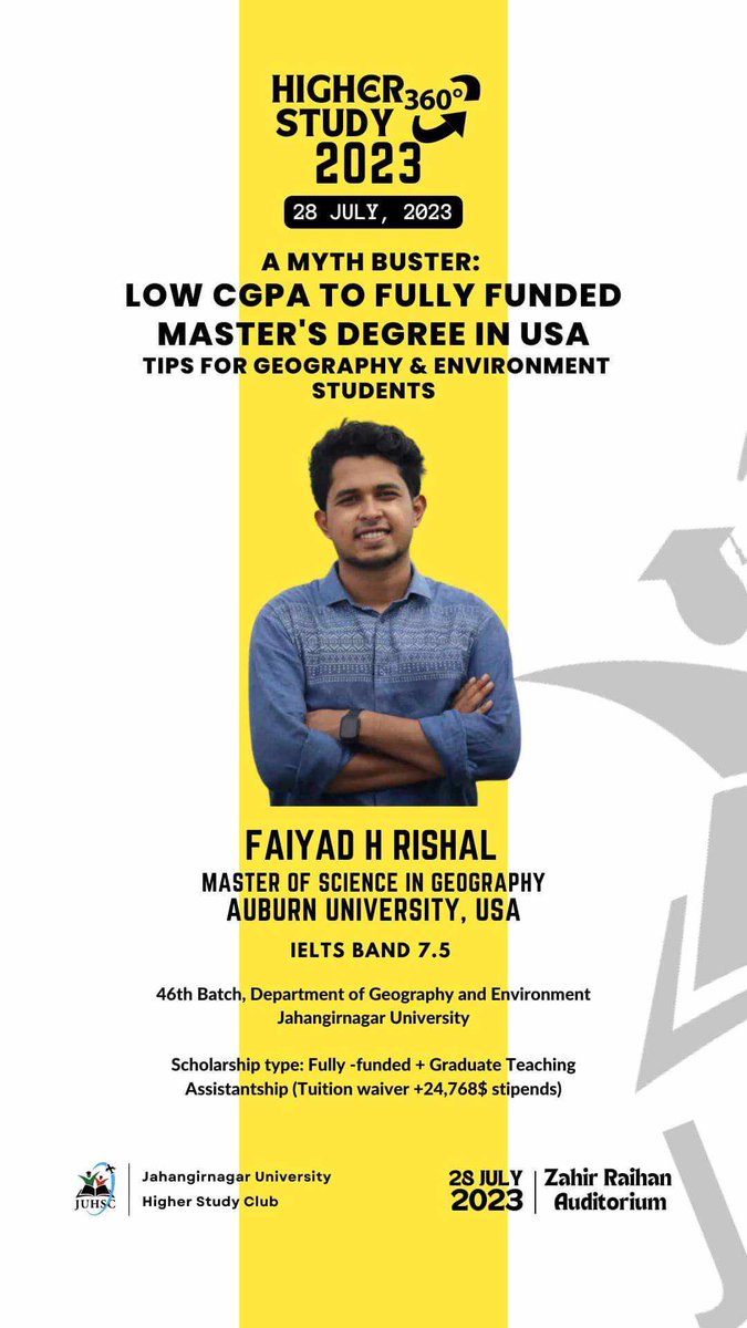 fhrishal's tweet photo. Jahangirnagar University Higher Study Club (JUHSC) has brought their annual flagship program on  360 Degree of Higher Study Abroad for the Bangladeshi university students inside and outside of JU. I will be sharing my experience on how I grabbed fully funded MS opportunity in US. https://t.co/g1ILCzBtIn