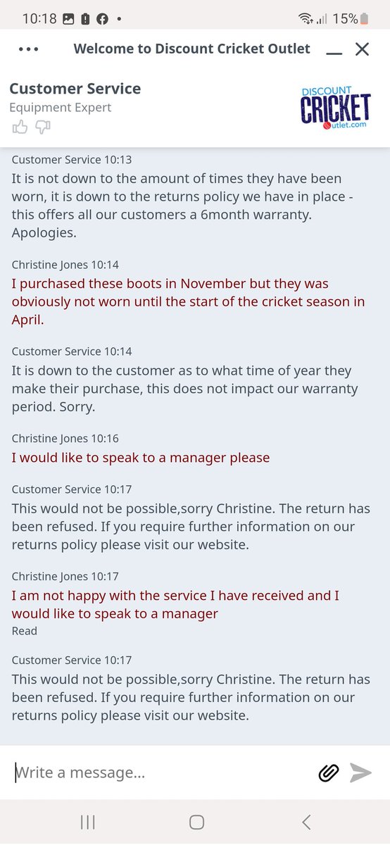 Absolutely fuming 😤 disgusting customer service at <a href="/AllRounderCrick/">All Rounder Cricket</a> <a href="/DiscountCricket/">Disc Cricket Outlet</a> I wasn't even allowed to escalate my conversation to a manager. Shocking service 😑 I wont be shopping there again.