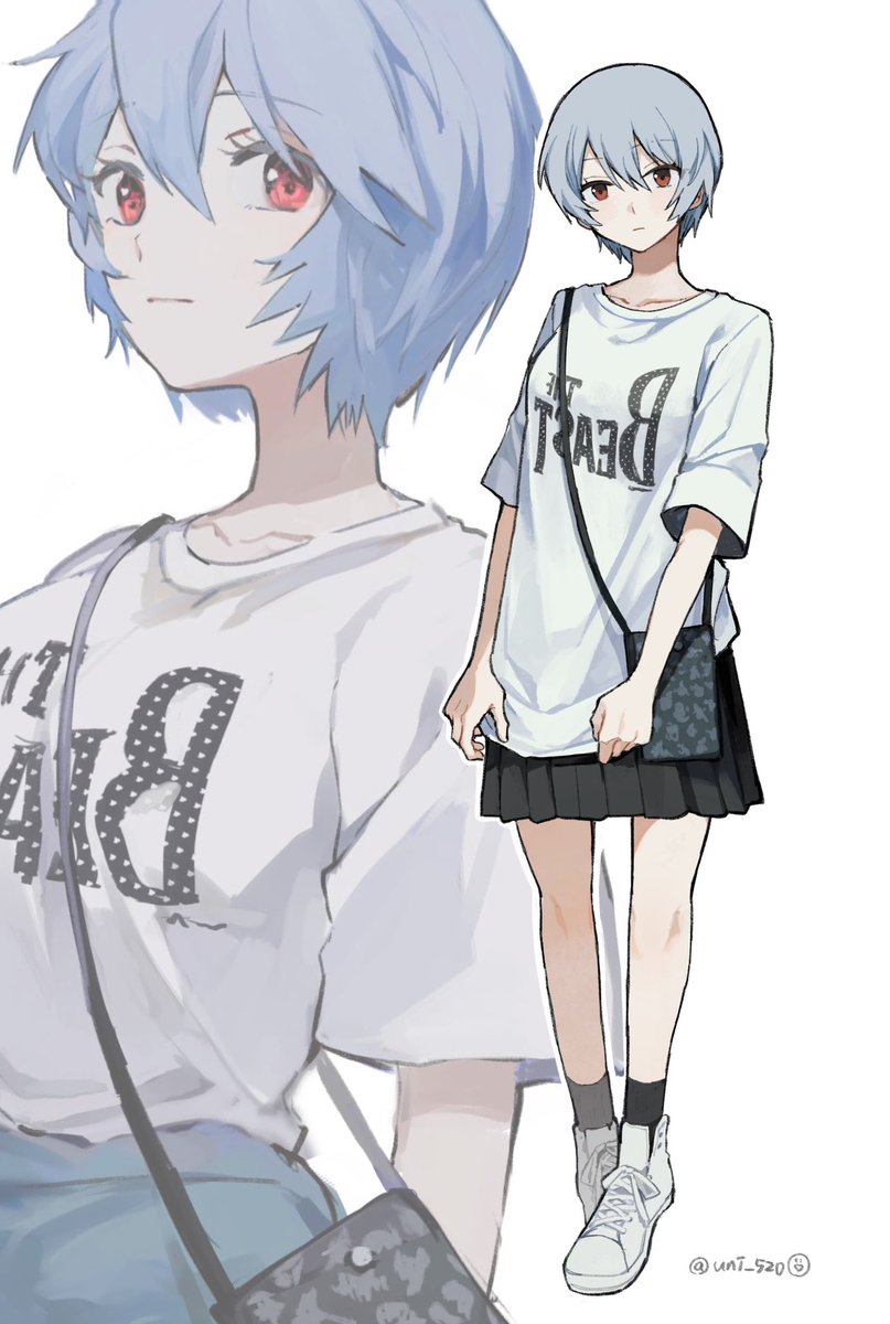 ayanami rei 1girl skirt blue hair shirt short hair red eyes bag  illustration images