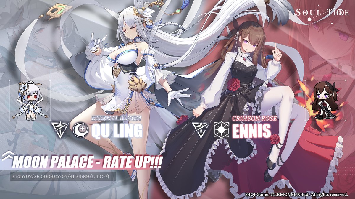 SoulTide's tweet photo. The upcoming Moon Palace will feature Ennis and Qu Ling! Evokers, make sure to seize this opportunity!
〓Duration〓
07/25 00:00 - 07/31 23:59 (UTC-7)
#SoulTide #MoonPalace #Lemcnsun #QuLing #Ennis https://t.co/qp69KBmjLn