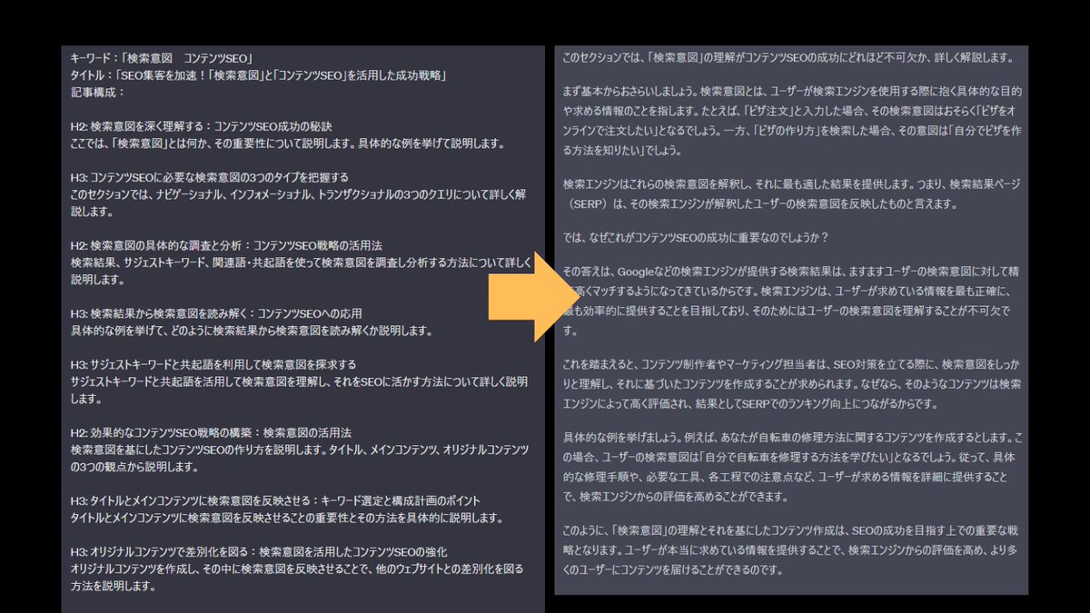 merumeruaffi's tweet photo. 【ChatGPTの機能が多すぎてSEOに活かせてない人】

とりあえず、今から3つのプロンプトを教えるから、それだけ覚えて。スクショも置いとく。

①記事タイトルと見出し構成を仮で出してくれるプロンプト

②見出し構成を軽く構成してくれるプロンプト

③記事本文を執筆してくれるプロンプト

＝＝＝＝＝＝＝＝＝＝＝＝＝＝＝＝＝＝＝＝＝＝＝＝

①記事タイトルと見出し構成を仮で出してくれるプロンプト

↓↓↓

あなたはWEB制作会社のマーケティング担当です。

”＿＿＿＿＿＿＿＿”と考えて「＿＿＿＿＿＿＿＿」のキーワードで検索する人に対して、最も有益な記事情報を提供することが目標です。

♯上位記事構成を参考にしながら、最適だと考えられるタイトル5案と記事構成をマークダウン記法で提出しなさい。 また、見出しに「はじめに」は使用しないものとし、見出し構成はH2,H3,H4を活用しより具体的且つ網羅的にしなさい。

記事構成の各見出しの下には、どのような本文を記述するのかの指示文も明記しなさい。また記事構成は1つで十分です。マークダウン記法で提出してください。

♯上位記事構成

↑↑↑

検索意図と検索キーワードだけ整えれば、このプロンプトを使うだけで”それっぽいタイトルと構成”は作れます。

上位記事構成に関しては、ラッコツールズを使ってCSVからコピペしましょ。

＝＝＝＝＝＝＝＝＝＝＝＝＝＝＝＝＝＝＝＝＝＝＝＝

②見出し構成を軽く構成してくれるプロンプト

↓↓↓

あなたはSEOライターです。 下記の見出し構成を、より具体的に言語化した見出し構成に書き換えなさい。 また、見出しの中には可能な限り「＿＿＿＿」「＿＿＿＿」というキーワードを含め、「＿＿＿＿＿」の再検索キーワードも全体の中で3つほど含めなさい。

↑↑↑

見出しがイマイチだなと思ったら、このプロンプト使って何回か推敲させるといいです。
色々注文付ければ、それなりの見出し構成にはなります。
大事なのは、再検索キーワードをしっかりと入れておくことかな。

＝＝＝＝＝＝＝＝＝＝＝＝＝＝＝＝＝＝＝＝＝＝＝＝

③記事本文を執筆してくれるプロンプト

↓↓↓

あなたはプロのSEOライターです。
下記の情報を元に、指定した見出しの本文を記述しなさい。

キーワード：「キーワード」
タイトル：「検索意図」
記事構成：

指定見出し：
指定見出しの本文の説明：

↑↑↑

①のプロンプトを使っているなら、今のところこれが一番使いやすいかな。

見出しの流れをくみ取りつつ、指定した見出しの本文を執筆してくれますです。

語尾や、平仮名比率等を調整したいときは、条件を増やして対応すれば大丈夫。

スクショにもある通り、これで結構いい感じの専門記事が書けたりするんだよね。（まぁ一次情報ではないので、品質に関しては頭打ちだけど）

それでも、更新しないよりは全然マシで。

分野とかテーマによっては、ChatGPTで作った記事だけで集客できててそのままマネタイズに繋がる～なんて、もう”普通”の域なのよね。

だから、今回のプロンプトを使って、まずは手を動かすことから始めてみてほしい。

で、このプロンプトを活用するためには、「キーワード選定」が必要になってくるんだけど…。

ニッチキーワードであれば、この選定以外あり得ないってくらいのマニュアルを日曜日の朝に無料配布するので、欲しい人は通知ON推奨。

マジで真似するだけでニッチキーワードの選定ができるようになるマニュアルなので、期待してて。