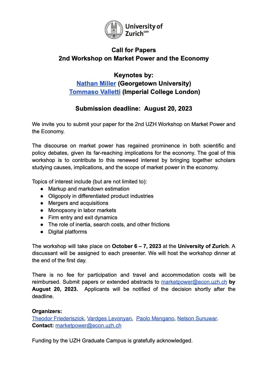 📣 CALL FOR PAPERS 📣 Join us on 6-7 October 2023 in Zurich for the 2nd @econ_uzh Market Power Workshop! We have two amazing keynote speakers: Nathan Miller (@NateHMiller) and Tommaso Valletti (@TomValletti) For more information: sites.google.com/view/marketpow…