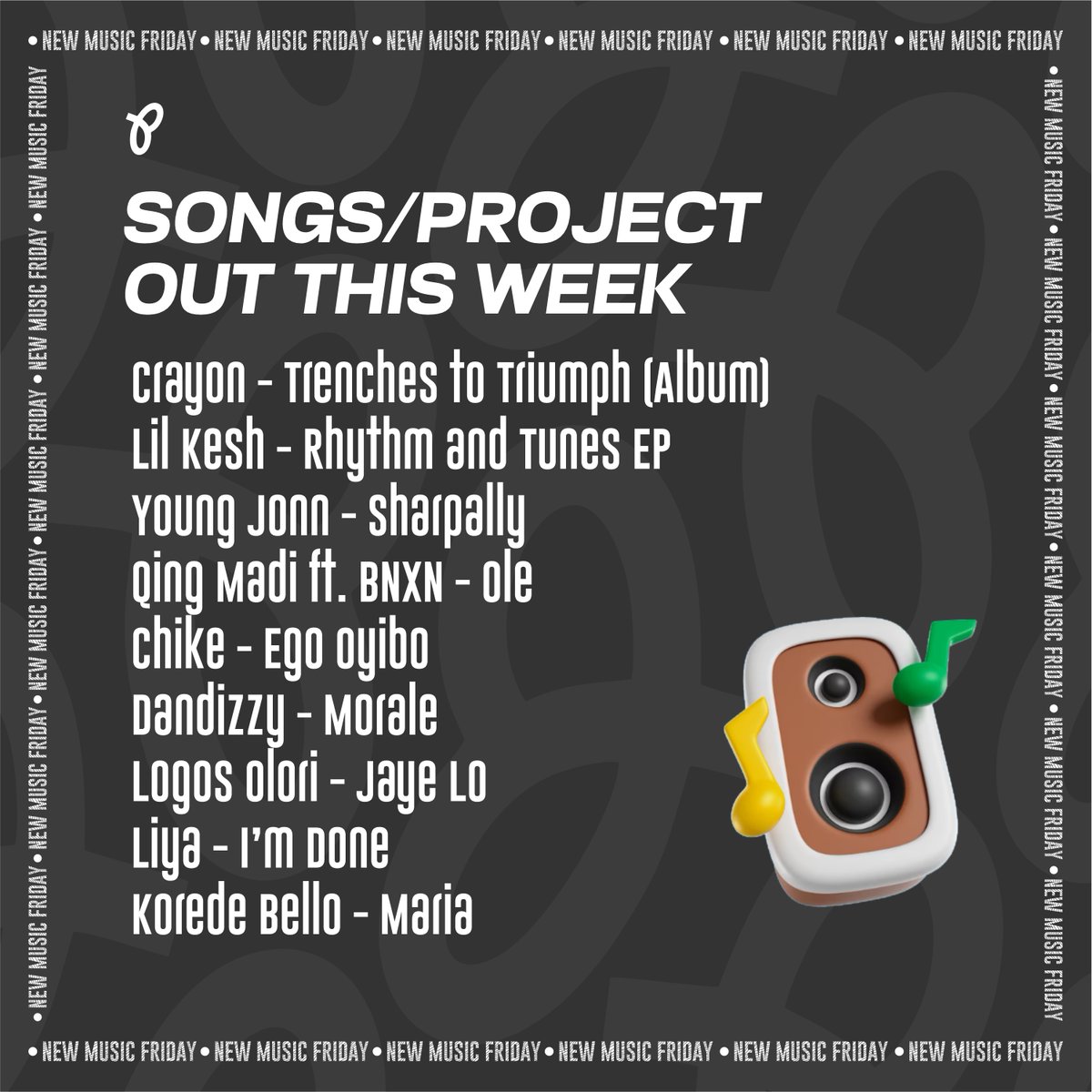 Philefun's tweet photo. 🎹NEWMUSICFRIDAY 🎹
Crayon - Trenches to Triumph (Album)
Lil Kesh - Rhythm and Tunes EP
Young Jonn - Sharpally
Qing Madi ft. BNXN - Ole
chike - Ego Oyibo
Dandizzy - Morale
Logos Olori - Jaye Lo
Liya - I’m Done
Korede Bello - Maria

.
.
.
#philefun #music #liya  #logosolori https://t.co/Vc7ze7ED2s