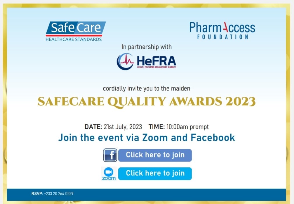 We are excited to invite you to join us today for the SafeCare  Quality Awards Ceremony.

Event Details:

Zoom Online Ceremony

Meeting ID: 882 4571 8136
Time: 10:00 am GMT
Facebook Live Stream

Time: 10:00 am GM

#SafeCare