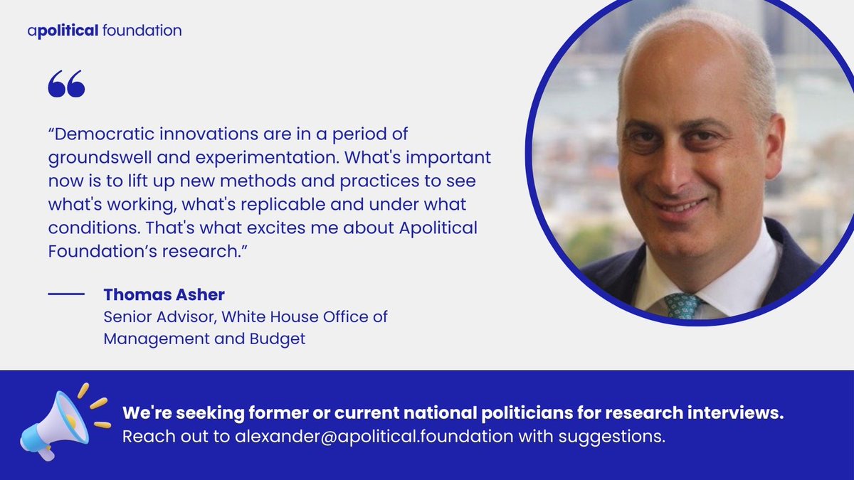 ApoliticalFound's tweet image. We're honored to have @tfasher advising our research on how to help politicians implement democratic innovations. Tom has led public participation and equity efforts at the 🇺🇸 White House and is a leading expert on participatory democracy.
