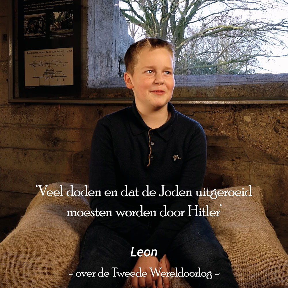 Leon over de Tweede Wereldoorlog: "Veel doden en dat de Joden uitgeroeid moesten worden door Hitler."

Kinderen in de Bunker is een project waarin kinderen praten over oorlog, conflict, familieverhalen, plekken in de buurt en herdenken. Meer info via: bit.ly/3XWK5E7