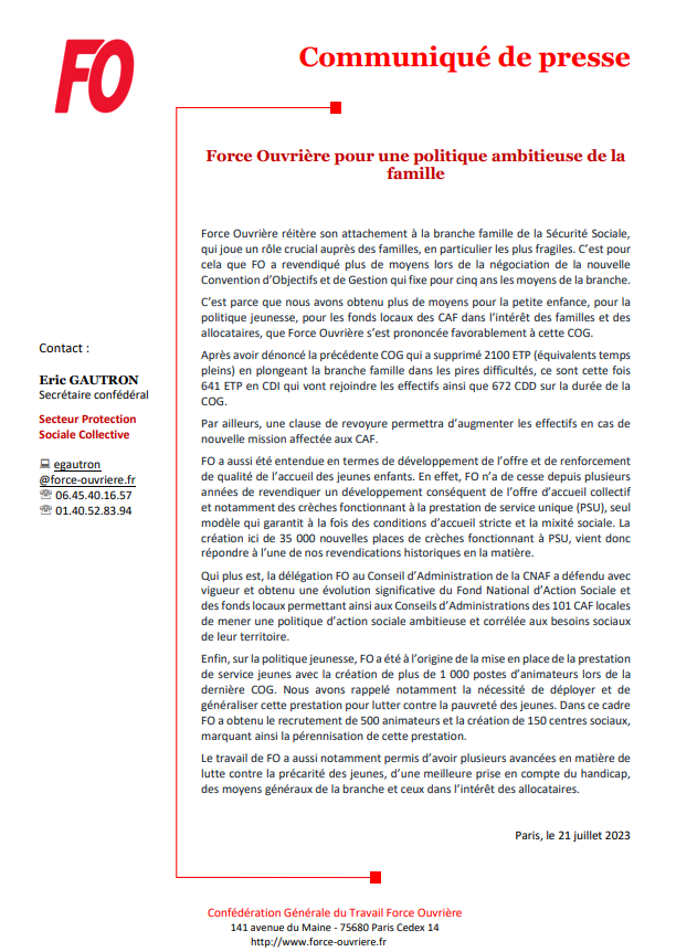 force_ouvriere's tweet photo. [#Communiqué FO] Force Ouvrière pour une politique ambitieuse de la famille.

" #ForceOuvriere réitère son attachement à la branche #famille de la #SecuriteSociale, qui joue un rôle crucial auprès des #familles, en particulier les plus fragiles ". ⬇️ https://t.co/TSZSPmYQ5Q
