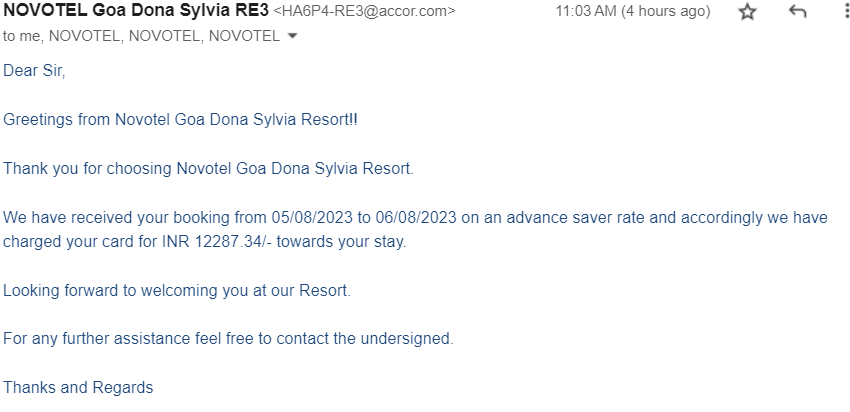 varundarak91's tweet photo. @Accor @All
Does "To be paid at the hotel" means charging the card before the staying date (btw: Manager of the hotel thinks this way)? If not, then why I am being charged Rs.12286.34 before my stay date of 5th Aug at Novotel Goa Dona Sylvia? https://t.co/s1ShSbACKU