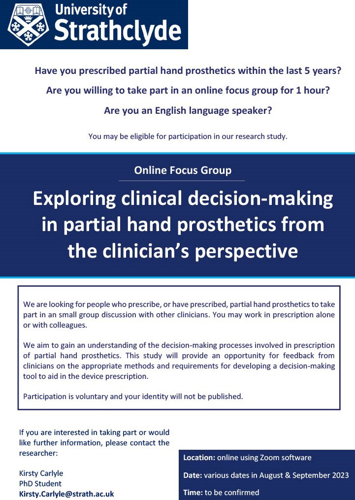 Do you work, or have you previously worked, in prescription of partial hand prosthetic devices? 

We are looking for people to take part in an online focus group. Please contact the researchers for further information. 

#PartialHandProsthetics #ProstheticsResearch