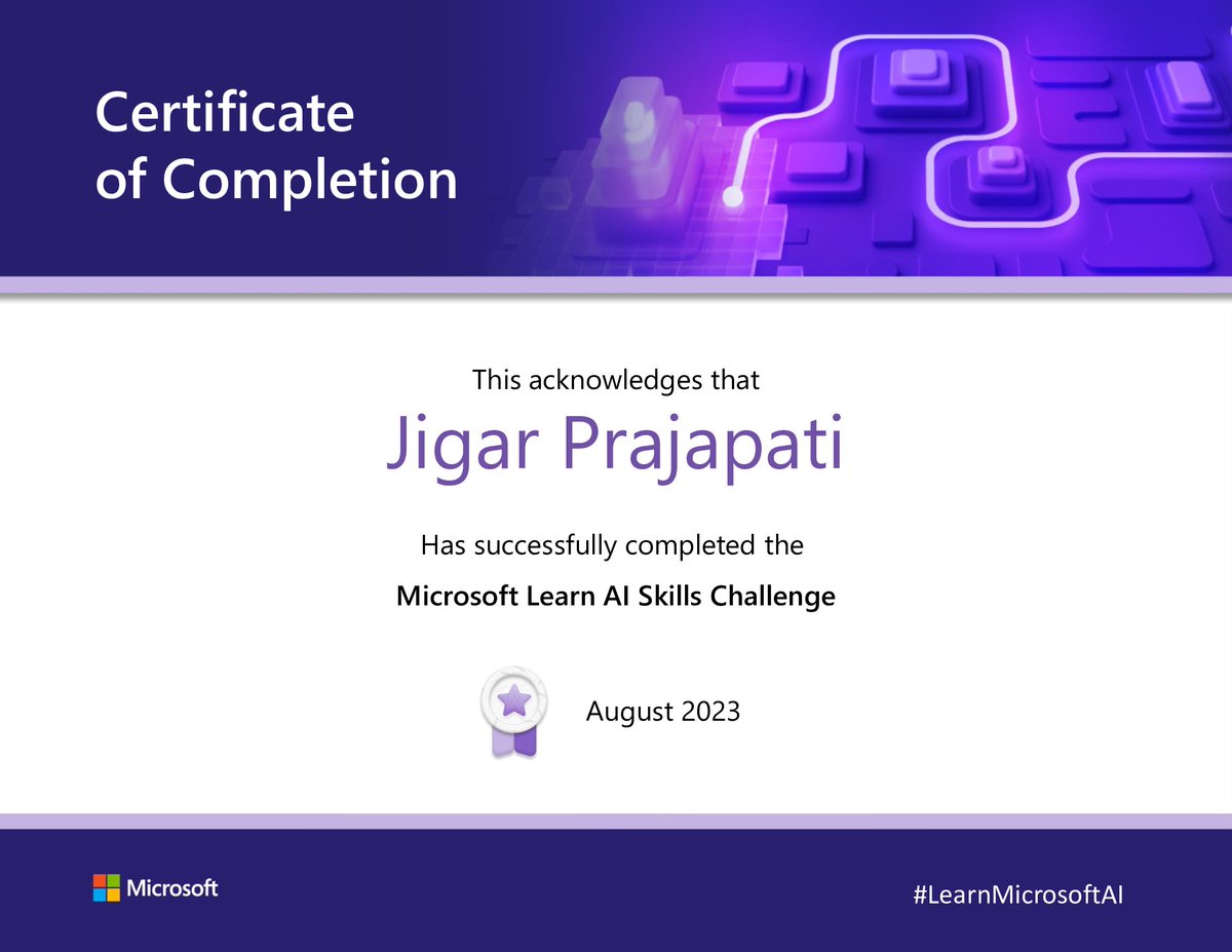 🎉 Woohoo! 🥳 Just had the most amazing time completing the Microsoft Learn AI Skill Challenge 2023! 🚀🤩 It was an absolute blast! 🌟💖 Can't wait to explore more AI adventures with my newfound knowledge! 🤖💕 #MicrosoftLearn #SkillChallenge2023 #HappyLearner #AIAdventures